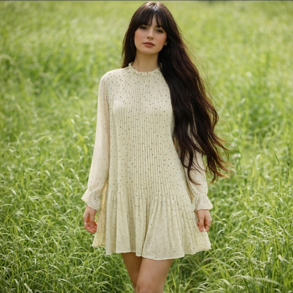 Mod Ref Beige Neutral Neutral Pleated Long Sleeve Chiffon Flowy Dress NWT Sz S - Picture 10 of 10